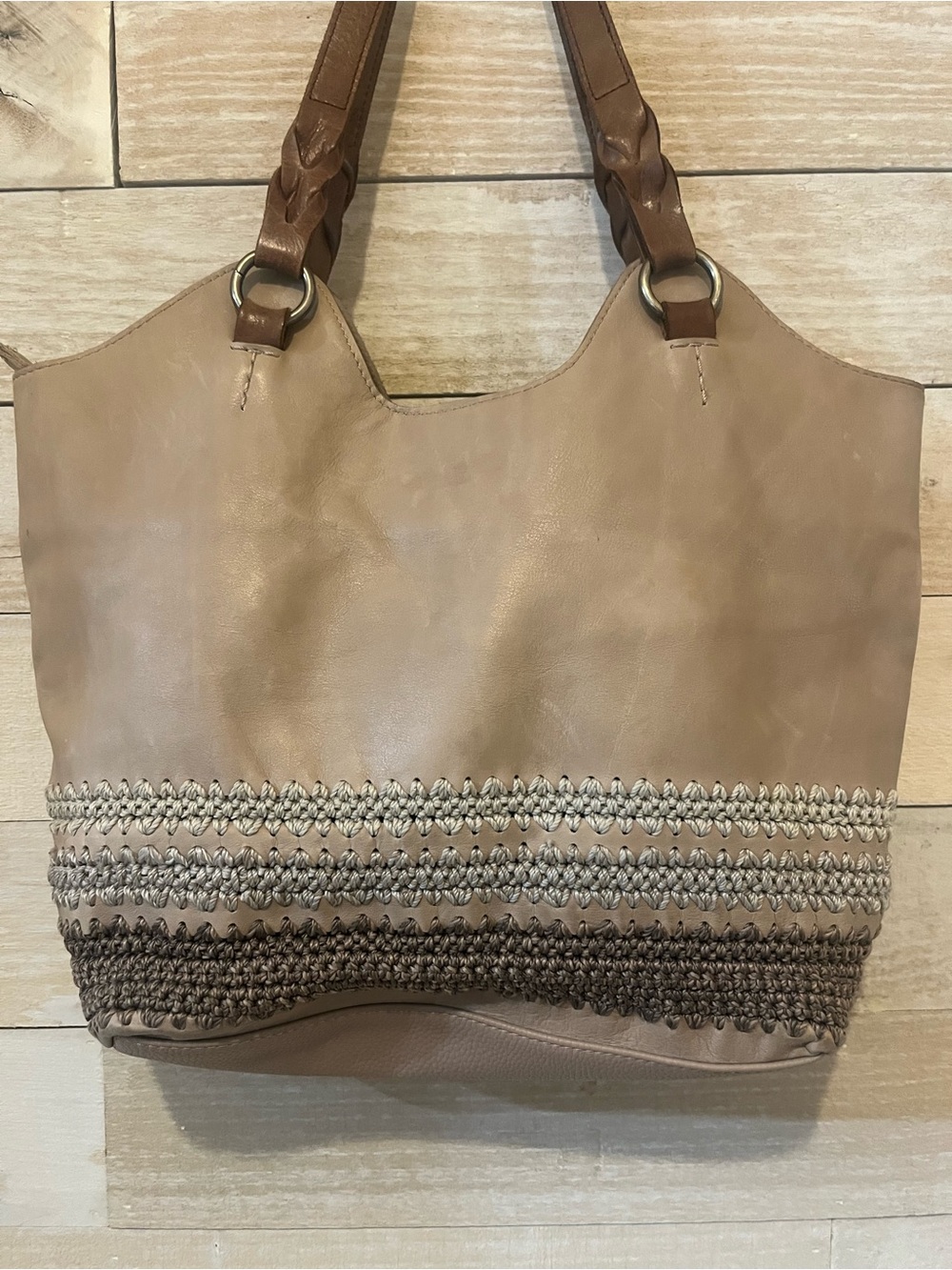 The Sak Taupe Tote with Brown Tassel and Braided Trim Minimalist Neutral - Picture 8 of 11